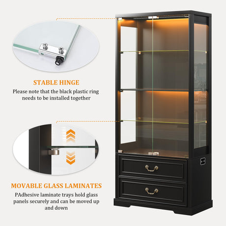 TAGELIER 67" Tall Display Cabinet with Glass Doors and 2 Drawers, Adjustable Glass Height,Curio Cabinet with 3 LED Lights and Human Body Sensor (Black) TAGELIER
