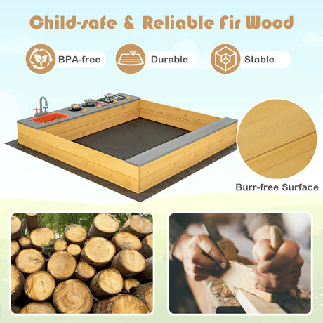 HONEY JOY Kids Sandbox, 2 in 1 Cedar Bottomless Sand Pit & Kitchen Playset, Water Faucet & Sink, Bottom Liner, Realistic Cooking Accessories, Wooden Sand Boxes for Kids Outdoor Backyard HONEY JOY