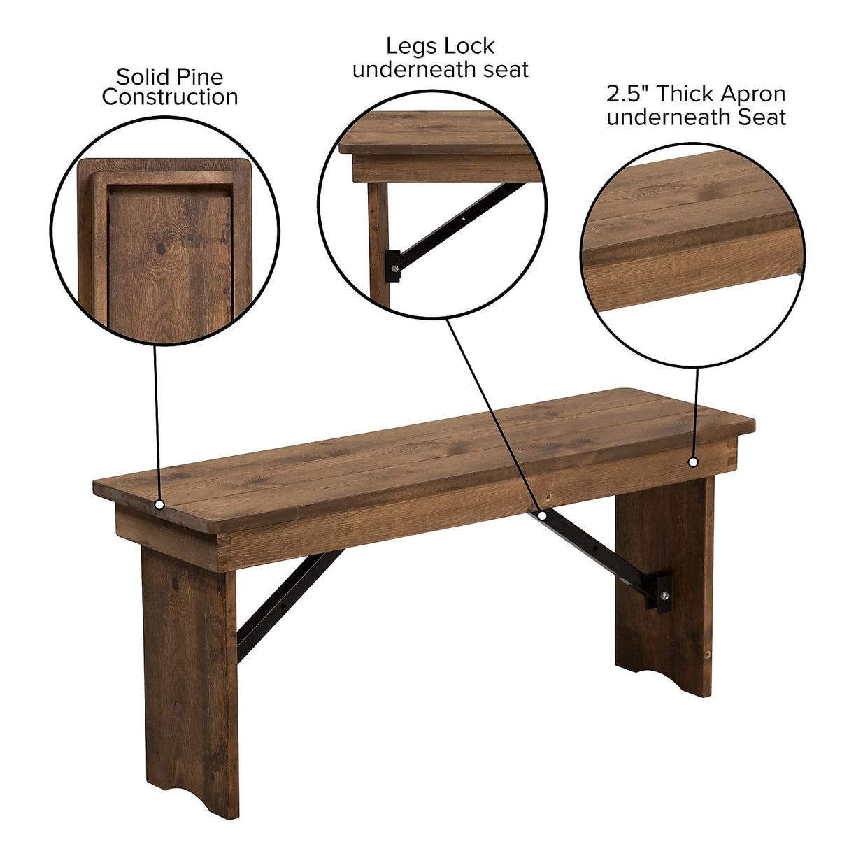 Flash Furniture HERCULES 40" x 12" Antique Rustic,Solid Pine Folding Farm Bench Flash Furniture