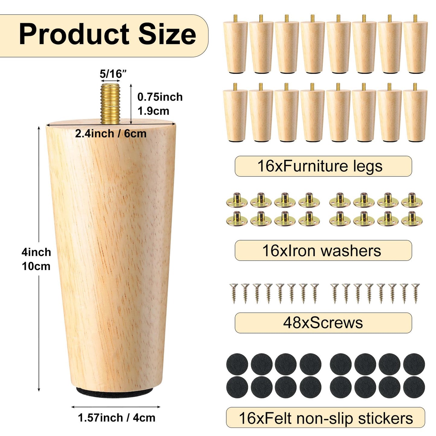 Maitys 4 Inch Round Solid Furniture Legs Furniture Wooden Replacement Feet Chair Dresser Couch Legs Table Cabinet Sofa Legs Footstool DIY Projects for Home (Wood,16 Pcs)