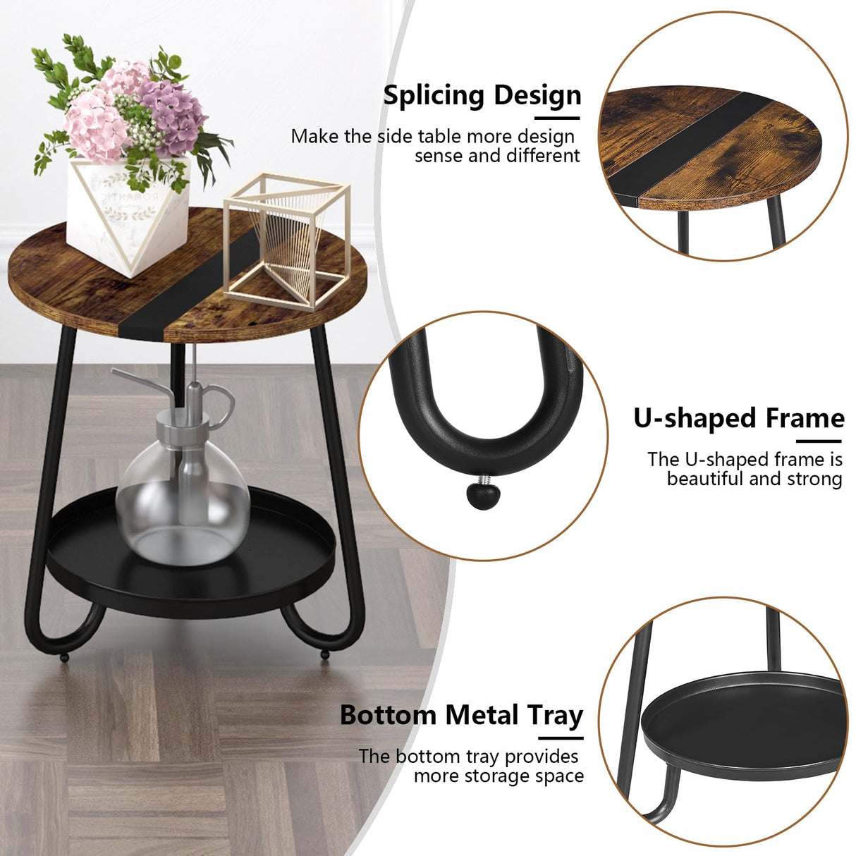 MOFAIN 2 Tier Coffee Table in Living Room, Industrial Style Round Coffee Table with Metal Tray, Wood Small Outdoor Coffee Table for Bedroom Balcony Patio, Rustic Brown MOFAIN