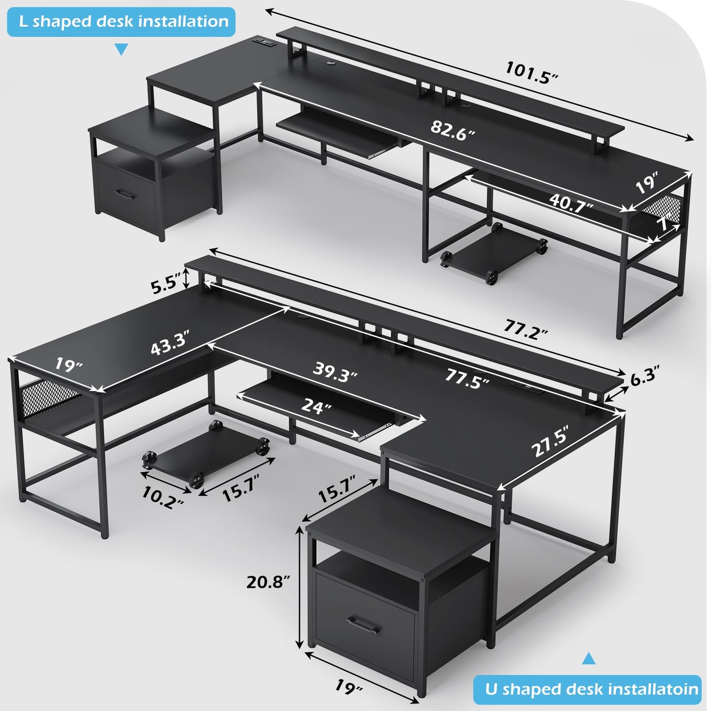 SEDETA U Shaped Desk, Reversible L Shaped Home Office Desk with File Drawer & Power Outlet, 101.5'' Computer Two Person Desk with Monitor Shelf, Keyboard Tray, Gaming Desk, Black - WoodArtSupply