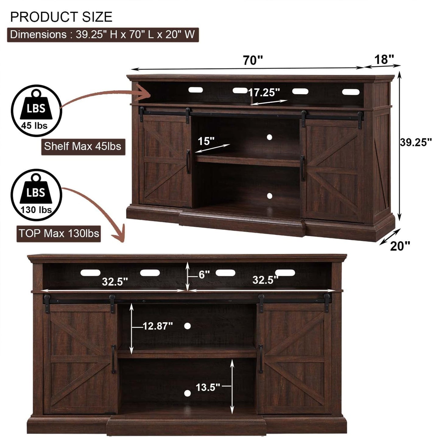 Farmhouse TV Stand for 80 Inch TVs, 39" Tall Entertainment Center w/Storage Cabinets and Sliding Barn Door, Media Console Cabinet w/Soundbar & Adjustable Shelves for Living Room, 70inch (Brow - WoodArtSupply