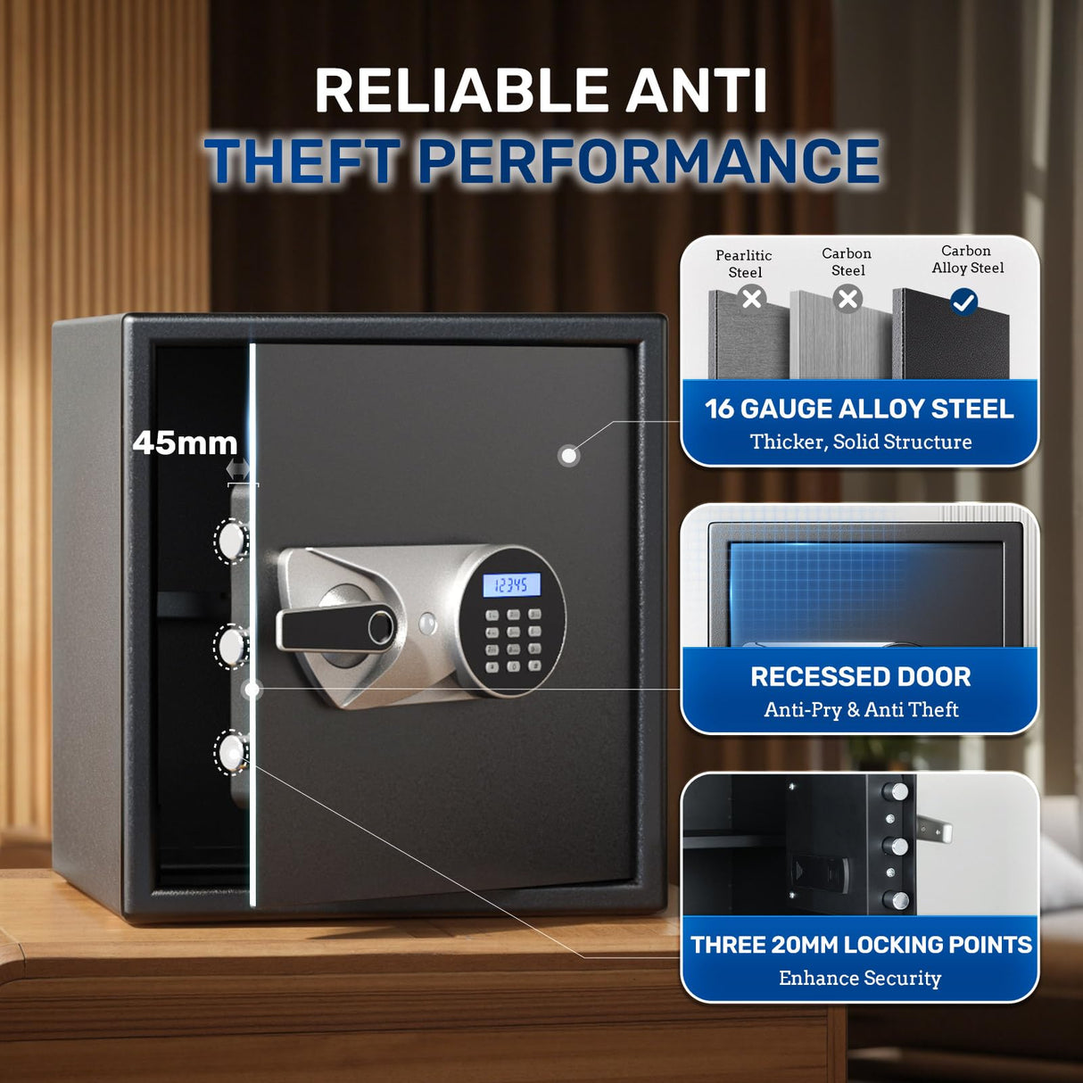 BlackSmith Biometric Handgun Safe 1.8 Cubic Feet Home Safe Quick Access Fingerprint Security Lock Box for Money Firearm Valuables with Dual Alarm System Fireproof Bag and Removable Shelf BlackSmith