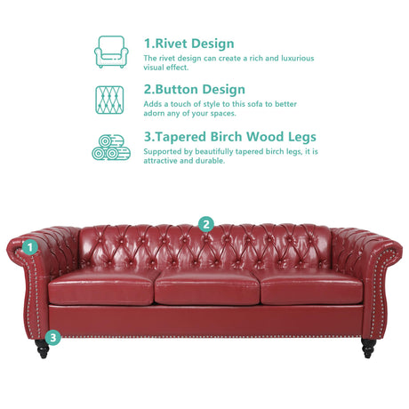 RUSTYER Chesterfield 3 Seater Sofa, Modern Leather Tufted Couch 3 Seater with Rolled Arms and Nailhead Mid-Century Upholstered Couch for Living Room, Bedroom, Apartment and Office, Claret RUSTYER