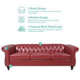 AVZEAR Chesterfield Leather Sofa 3 Seater Couch, Mid-Century Large Sofa Roll Arm Classic Tufted Settee Modern PU Sofa with Channel Tufted Seat Back for Living Room, Office, Apartment, Claret AVZEAR