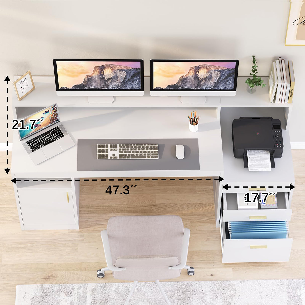 YOMILUVE Computer Desk with 3 Drawer & Storage Shelves, Home Office Desk with File Drawer & Cabinet, Writing Study Table with Long Monitor Stand & Printer Shelf, Executive Desk, White YOMILUVE