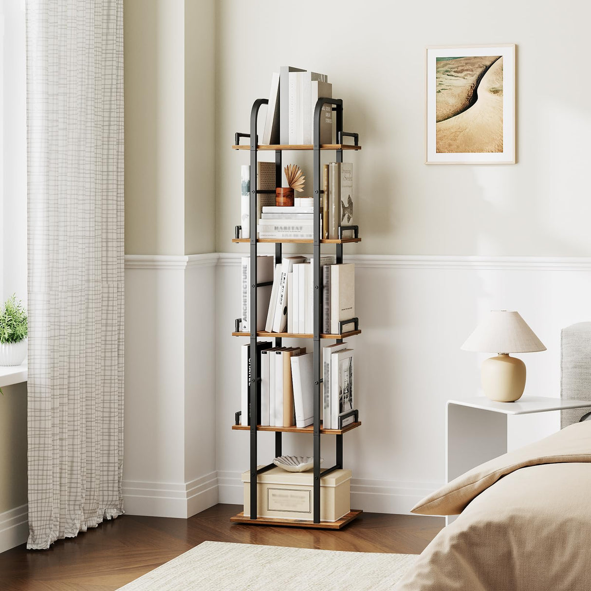YATINEY Rotating Bookshelf, 5 Tier Spinning Bookcase Tower, 360 Display Narrow Bookshelf, Tall Industrial Corner Shelf Organizer, Storage Shelf Bookcase for Living Room, Rustic Brown and Black SJ02BR YATINEY