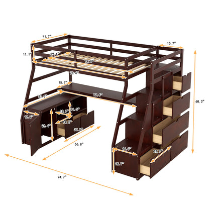 Twin Loft Bed with Stairs and Desk by Harper & Bright Designs - Solid Wood Frame with 7 Drawers & 2 Shelves in Espresso