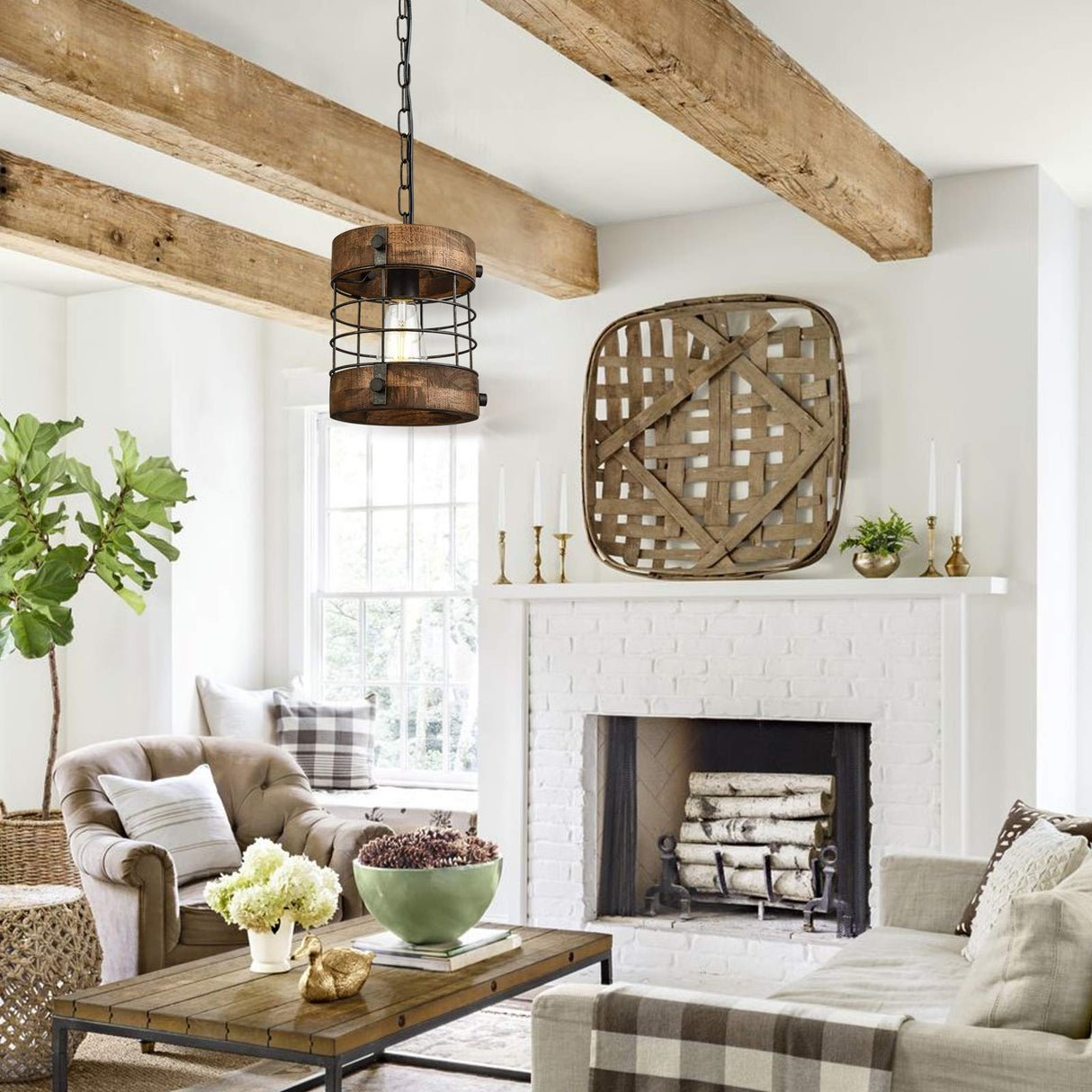 wochos Retro Industrial Metal and Wood Chandelier 1-Light Round Cage Pendant Light Fixture for Kitchen Island Foyer Hallway Bar Dining Room Restaurant, D 7.9" x H 8.7" (Brown) wochos