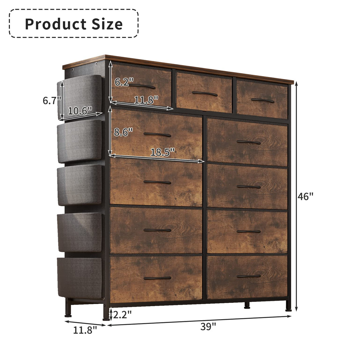 LIVEHOM Dresser for Bedroom with 11 Drawer, Dressers & Chests of Drawers with Side Pockets, Hooks, Fabric Storage Drawer, Steel Frame, Wood Top, Organizer Unit and Pull Handle for Closet. LIVEHOM