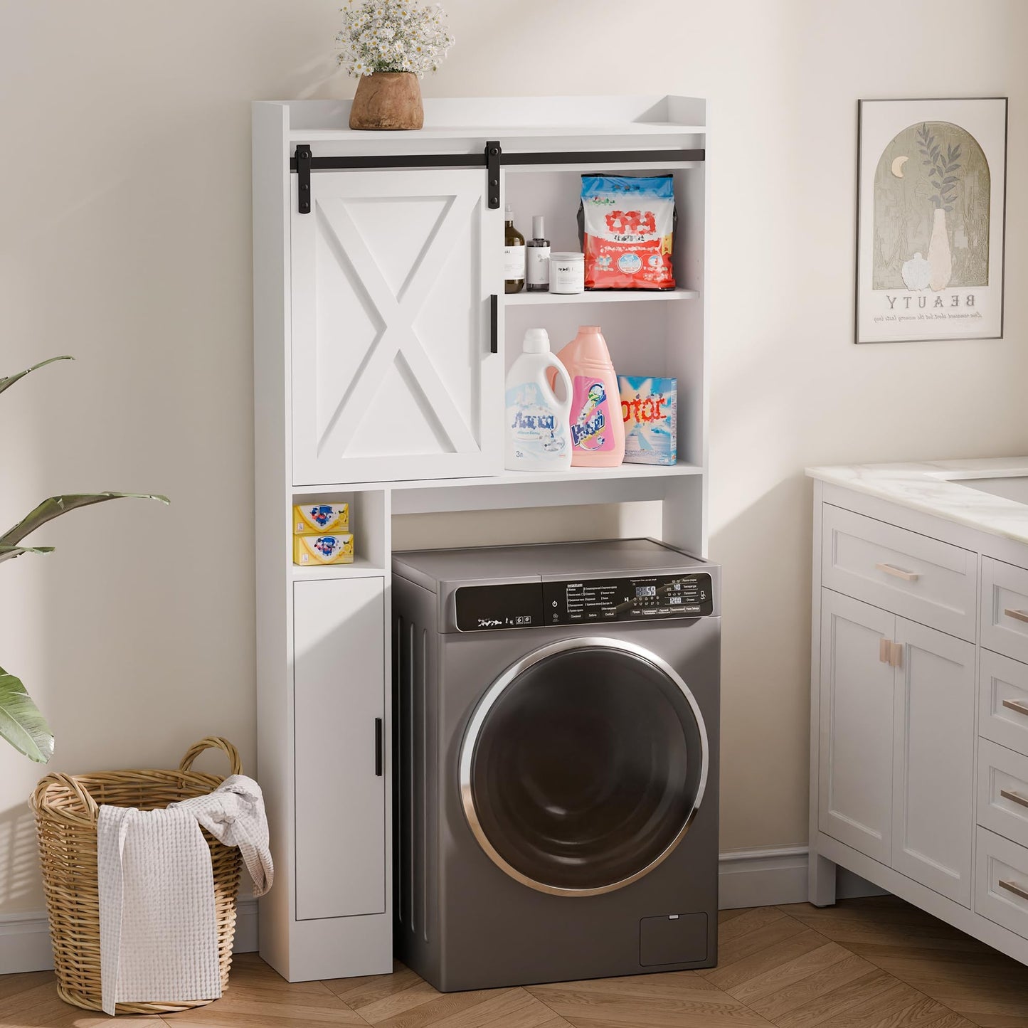 MU Over The Toilet Storage Cabinet with Sliding Barn Door, Freestanding Bathroom Over Toilet Storage with Side Shelves, Behind Toilet Storage Cabinet, White