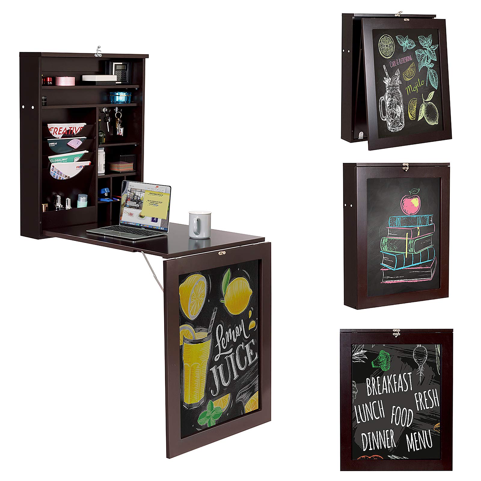 Tangkula Space-Saving Wall-Mounted Desk with Chalkboard and Storage Shelves - WoodArtSupply