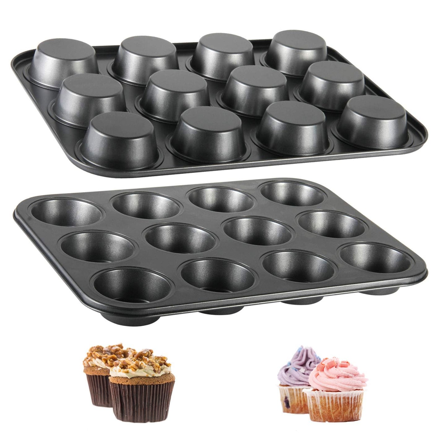 TAOUNOA Muffin Tin, 12-Well Nonstick Cupcake Pan Set of 2, Heavy Duty Steel Muffin Pan