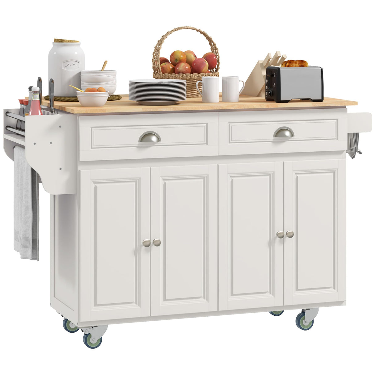 HOMCOM Rolling Kitchen Island Drop Leaf, Kitchen Cart on Wheels, Solid Wood Top Breakfast Nook with Storage Drawers, 4-Door Cabinets and Spice Rack, Cream White HOMCOM