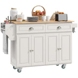 HOMCOM Rolling Kitchen Island Drop Leaf, Kitchen Cart on Wheels, Solid Wood Top Breakfast Nook with Storage Drawers, 4-Door Cabinets and Spice Rack, Cream White HOMCOM