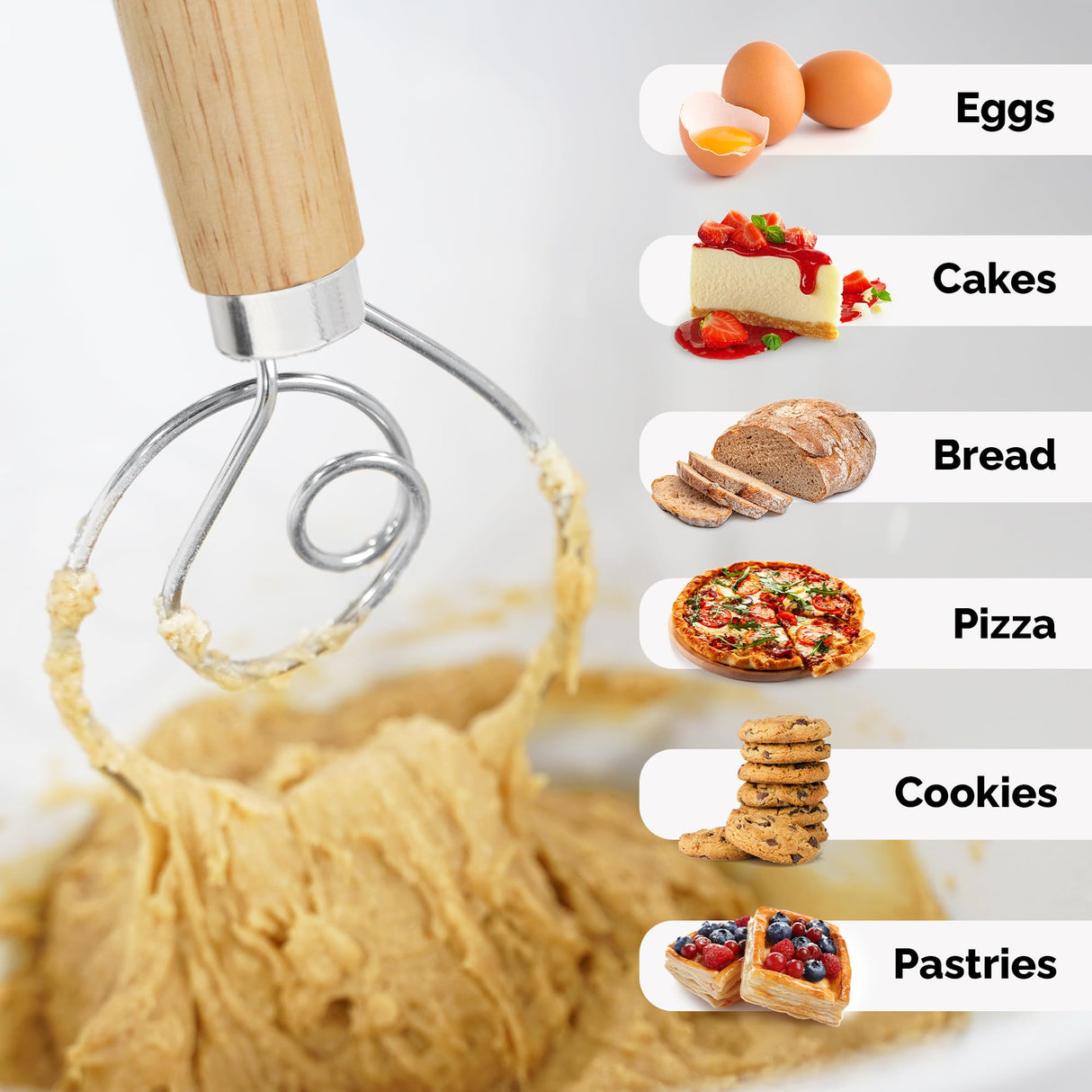 Zulay Kitchen 13-Inch Danish Dough Whisk - Wooden Danish Whisk for Dough with Stainless Steel Dough Hook - Traditional Dutch Whisk - Bread Whisk for Sourdough, Pizza, Pastry, Cake Batter Zulay Kitchen