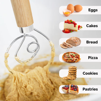 Zulay Kitchen 13-Inch Danish Dough Whisk - Wooden Danish Whisk for Dough with Stainless Steel Dough Hook - Traditional Dutch Whisk - Bread Whisk for Sourdough, Pizza, Pastry, Cake Batter