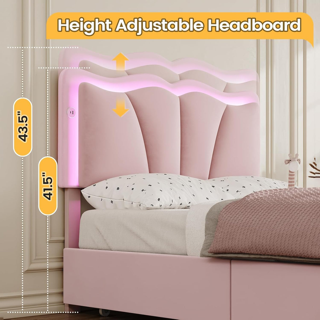 AOGLLATI Twin Bed Frame with 4 Storage Drawers & Charging Station,Upholstered Led Flower Twin Bed with Adjustable Headboard and Strong Wood Slat Support,No Spring Box Needed, Pink AOGLLATI
