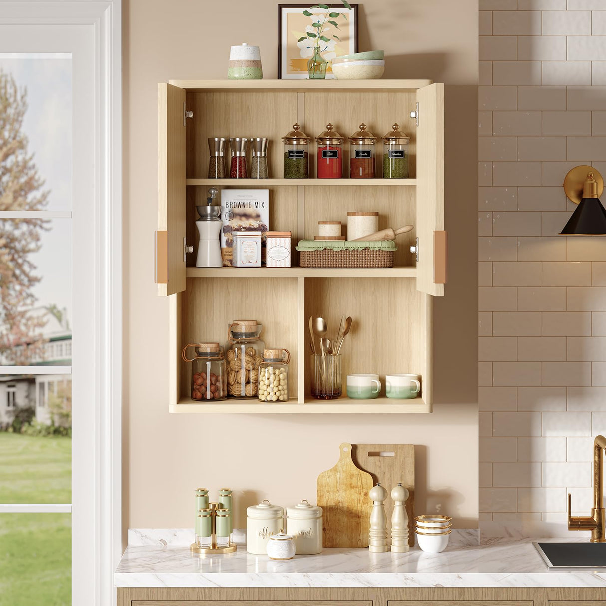 Bestier Fluted Bathroom Wall Cabinet Over The Toilet Storage, 23"x 29" Medicine Cabinet with Adjustable Shelf, Laundry Cabinet Wall Mounted and Kitchen Storage Cabinet(Natural Oak) Bestier