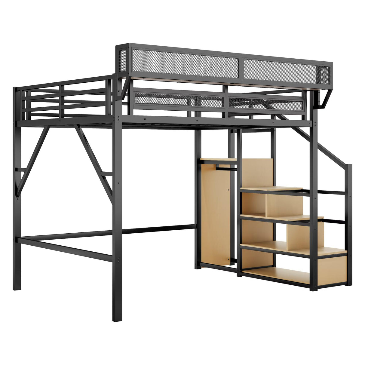 Queen Size Loft Bed Frame for Adults, Metal Lofts Bed Queen with Stairs & Storage Shelves, Heavy Duty High Loft Bed with Wardrobe,Queen Loft Bunk Bed with Desk No Box Spring Needed, No Noise-Black JIJIWANG