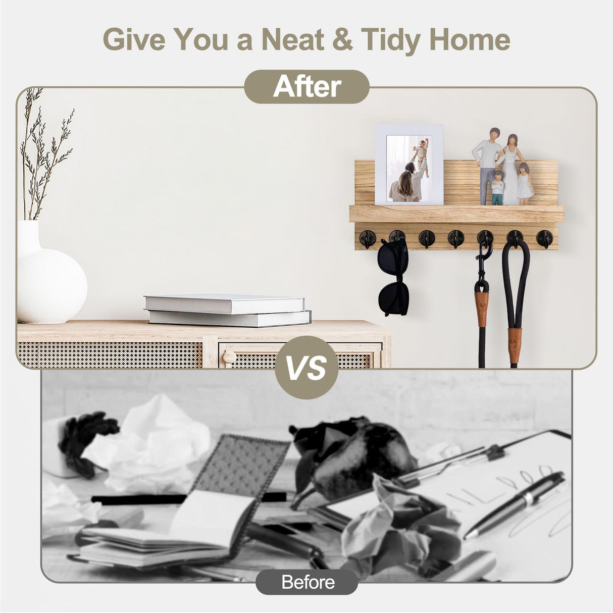 Lwenki Key Holder Wall Mount, Entryway Key and Mail Holder with 7 Sturdy Hooks for Sunglasses, Dog Leash, Decorative Wall Shelf with Mounting Hardware, 15”W x 6.7”H x 4.2”D (Wood) Lwenki