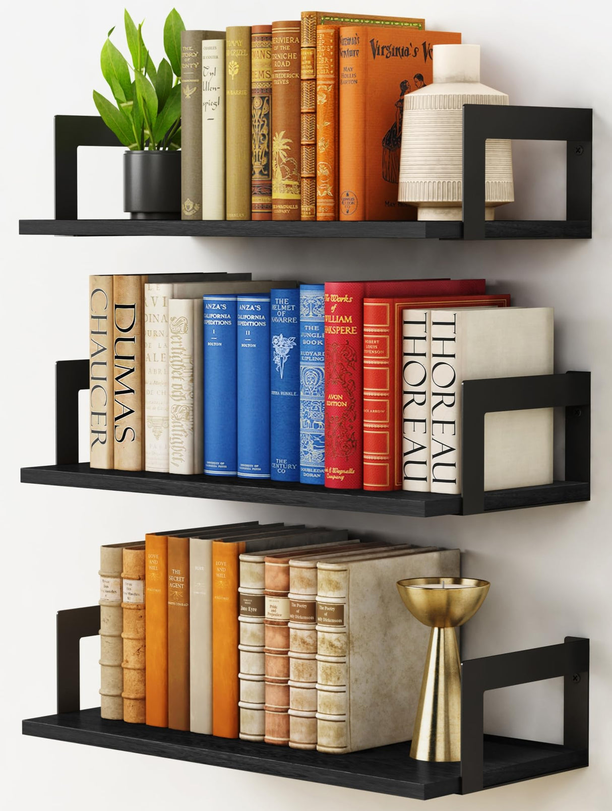 Harwaya Wall Mounted Bookshelf, Floating Bookshelves for Bedroom, 17 Inches Long Wall Mount Book Shelves for Living Room Office Books, Black Wall Book Holder Bookcase (Set of 3) Harwaya
