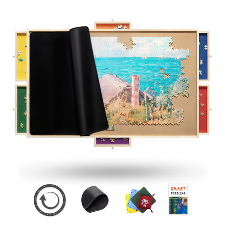 Rnice 1000 Piece Rotating Puzzle Board Pro, 30" x 22" with Drawers, Rubber Cover Mat, 360° Lasy Susan, Sort-Wise Colorful Felt Drawers & 4 Trays, Wooden Jigsaw Puzzle Table, Birthday Gifts for Mom Rnice