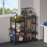 keomaisyto Garden Tool Organizer With Basket - 3 Tier Yard Storage Rack for Garage Organization, Heavy Duty Holder With 35 Long-Handled Slots for Shed, Yard, Garage keomaisyto