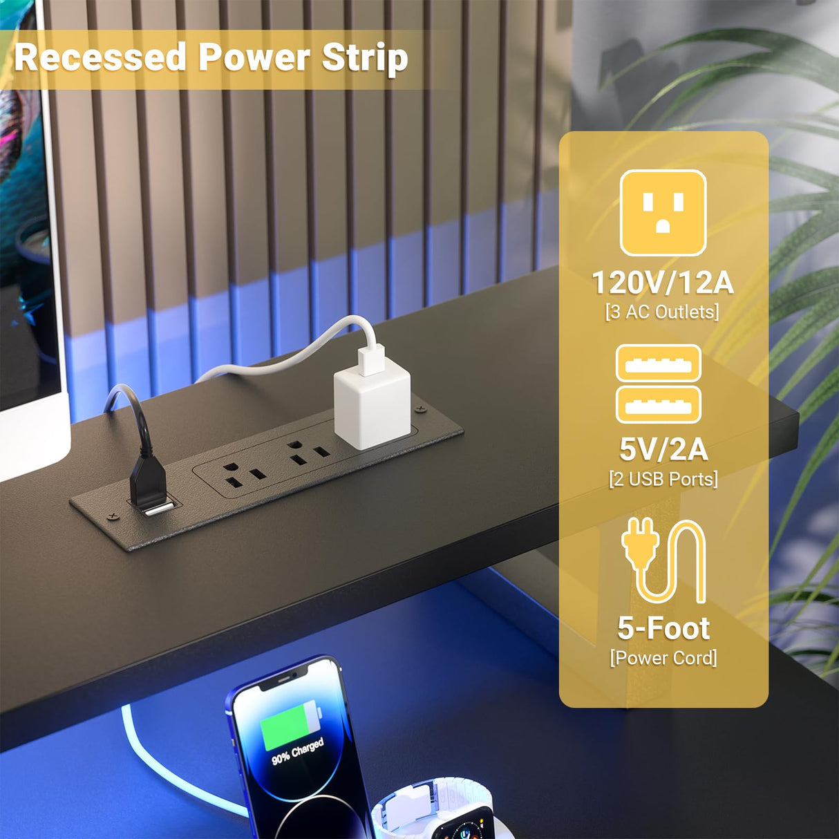 Hyomdeck Computer Desk with USB Power Outlets and LED Lights,55 inch Gaming Desk with Monitor Stand for Small Space Home Office, Modern Simple Study Writing Table PC Desks, Black Hyomdeck