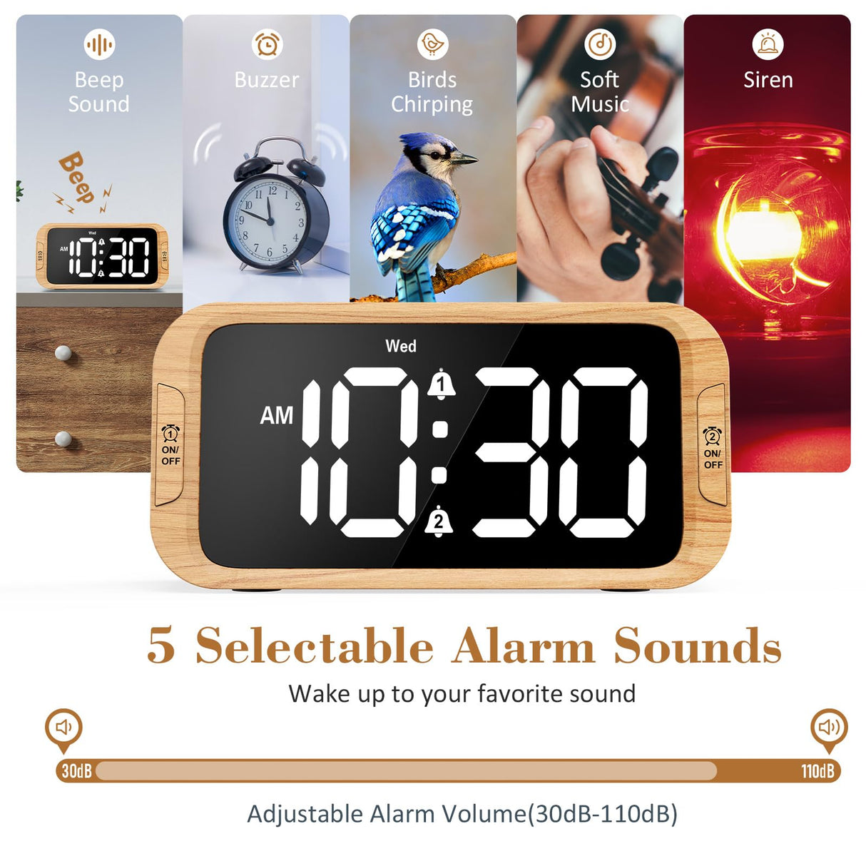 Odokee Digital Dual Alarm Clock for Bedroom, 0-100% Dimmer, Weekday/Weekend Mode, Easy to Set, USB Charger, Adjustable Alarm Volume with 5 Alarm Sounds, Snooze, 12/24Hr, Battery Backup (Wood Grain) Odokee