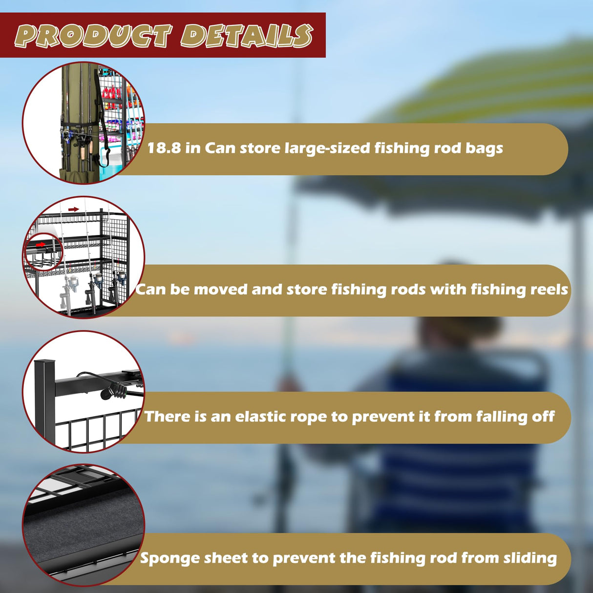 ztysn Fishing Rod Storage With 15 Hooks For Garage, 45.2in Extra Large Fishing Pole Holder Gear Organizer Rack Up To 20 Rods, Tackle Box Reel Storage Cart ztysn