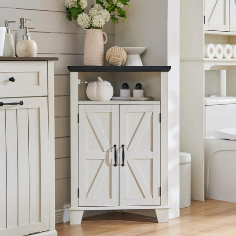 ACCOHOHO Corner Bathroom Cabinet, Farmhouse Small Corner Cabinet with Barn Door & Adjustable Shelf, Corner Kitchen Cabinet, Storage Cabinet for Bathroom, Kitchen, Living Room, Off White ACCOHOHO