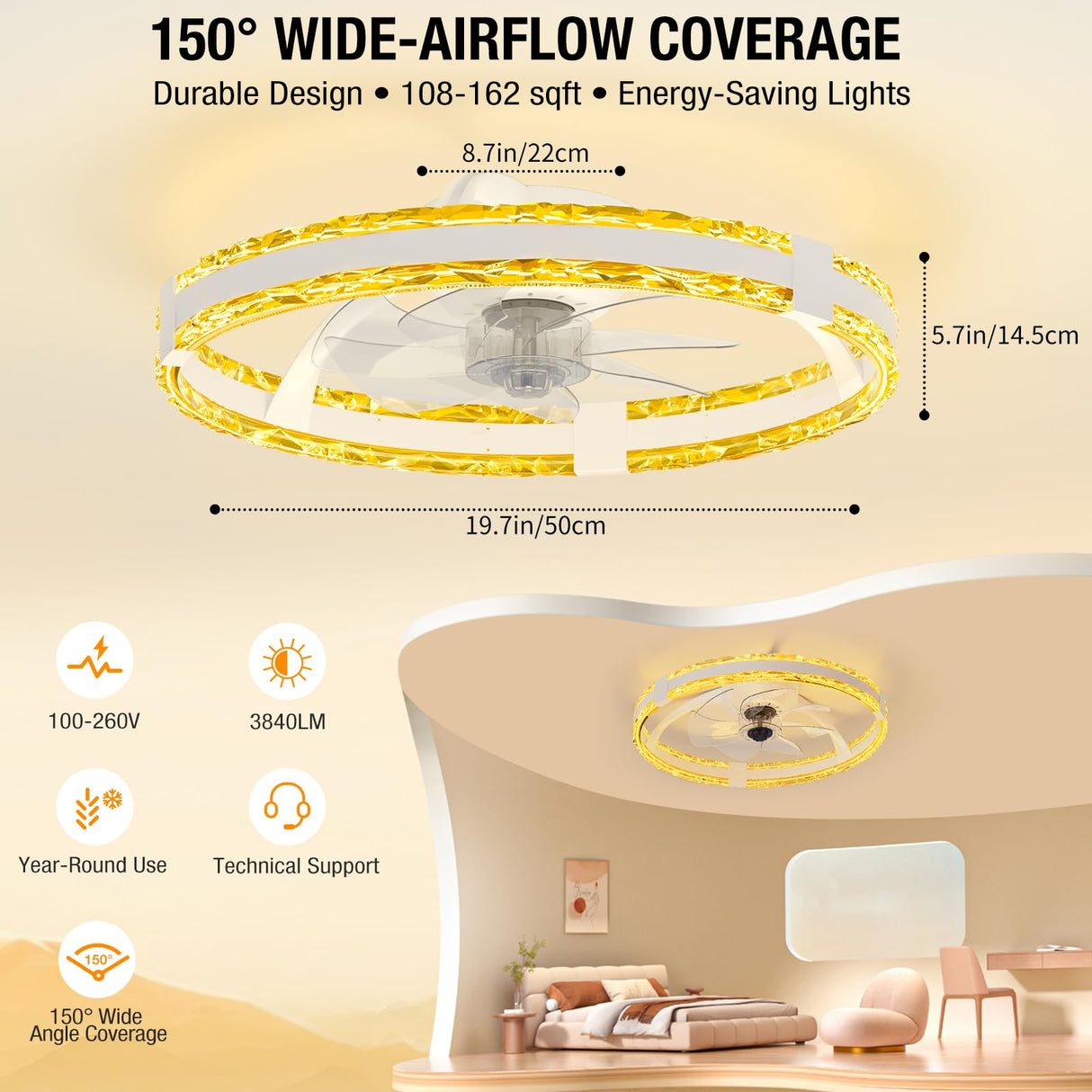 SKRFORM Ceiling Fans with Lights and Remote, 20'' Low Profile Flush Mount Ceiling Fan with 6 Speeds & 3 Color Temperature, 3000-6500K Dimmable Led Fandelier for Bedroom Livingroom, White SKRFORM