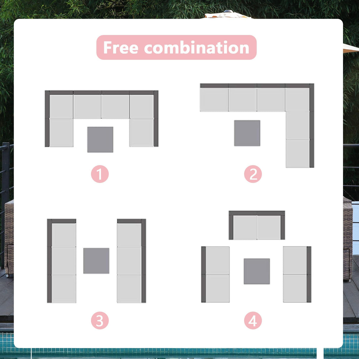 ZJEYEJZ 7-Piece Patio Furniture Set - Outdoor Sectional Sofa Set with Cushions and Glass-Top Coffee Table for Gardens, Poolside, Backyards and Porches, Black/Grey ZJEYEJZ