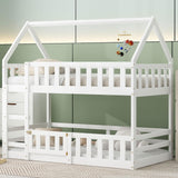 LOSTCAT Twin Over Twin House Bunk Bed with Fence & Door - Montessori Floor Bed for Kids in White LOSTCAT