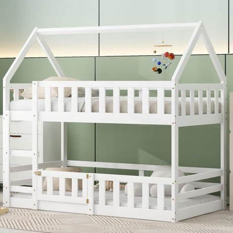 LOSTCAT Twin Over Twin House Bunk Bed with Fence & Door - Montessori Floor Bed for Kids in White LOSTCAT