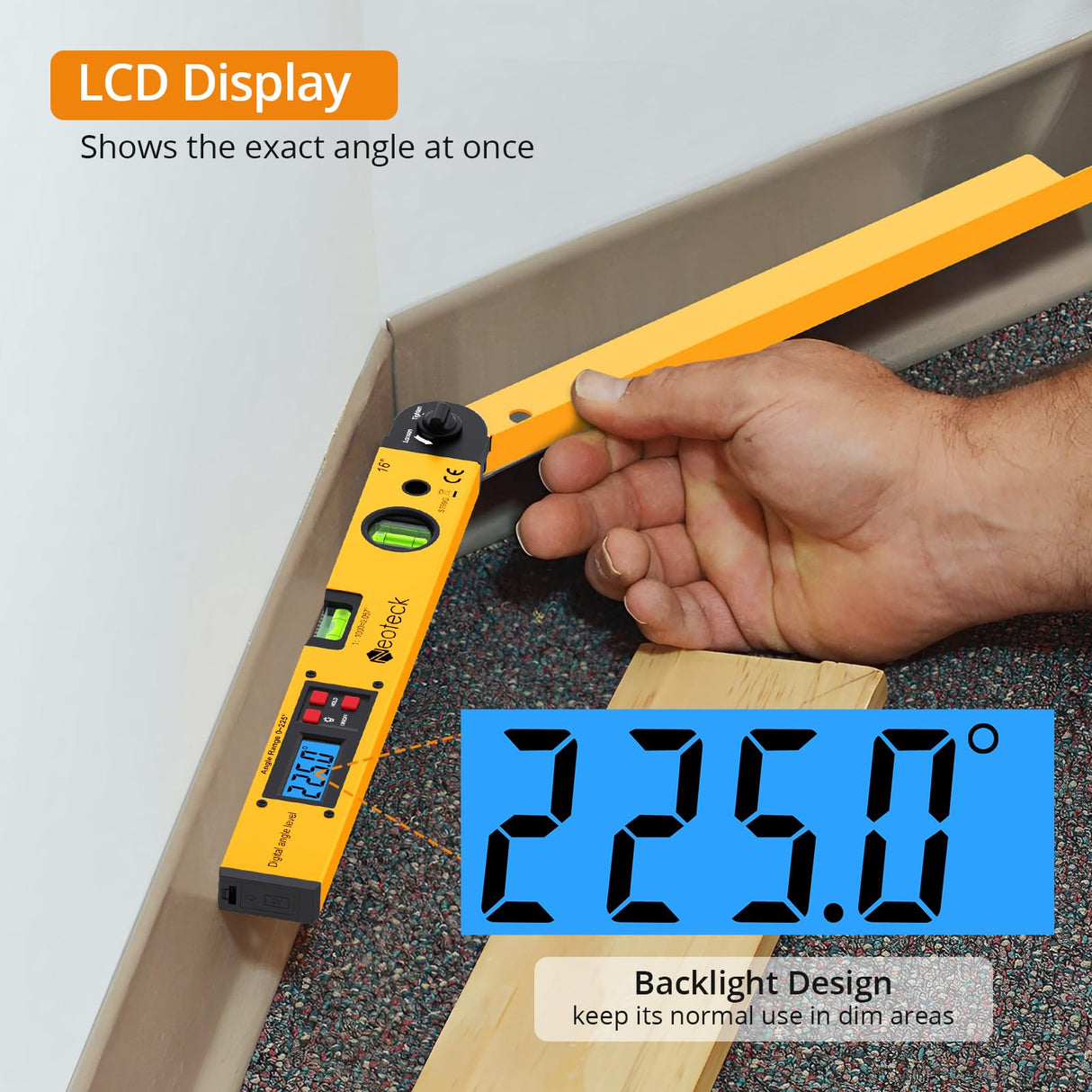 Neoteck 225° 16 inch Digital Angle Finder Aluminum Protractor with LCD Backlight Digital Angle Measuring Tool with Horizontal and Vertical Bubble for Woodworking, Construction, Machinery - Golden Neoteck