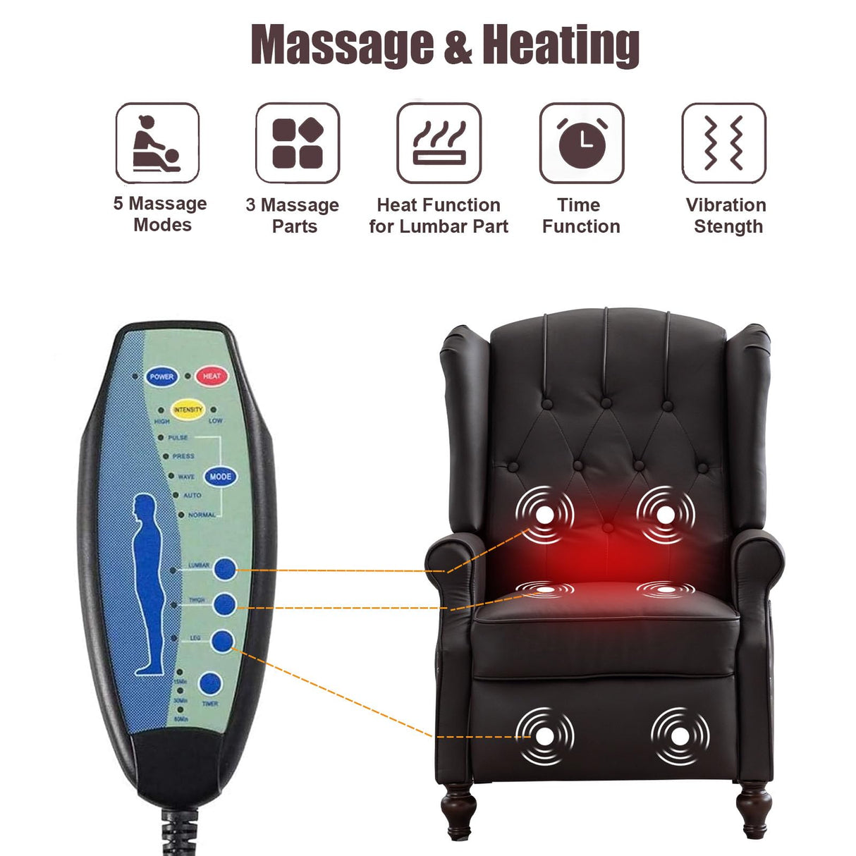 Oprisen Push Back Recliner Mid-Century Modern Accent Chair Single Reading Chair Faux Leather Arm Chair for Living Room w/Heat Massage/Side Pockets (Brown*1, 1 PC) Oprisen