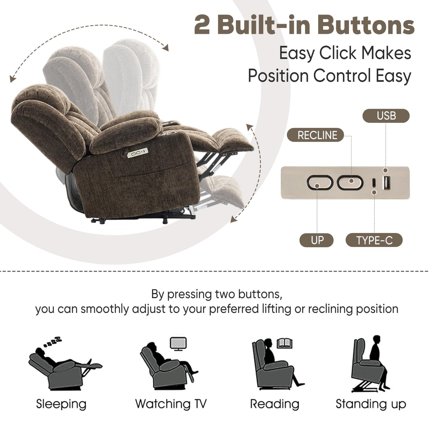 ABCASA Large Power Lift Chairs Recliners for Elderly with Heat ＆ Massage, Upgraded Chenille Recliners, USB-A ＆ C, Cup Holder, Side Pocket, Brown