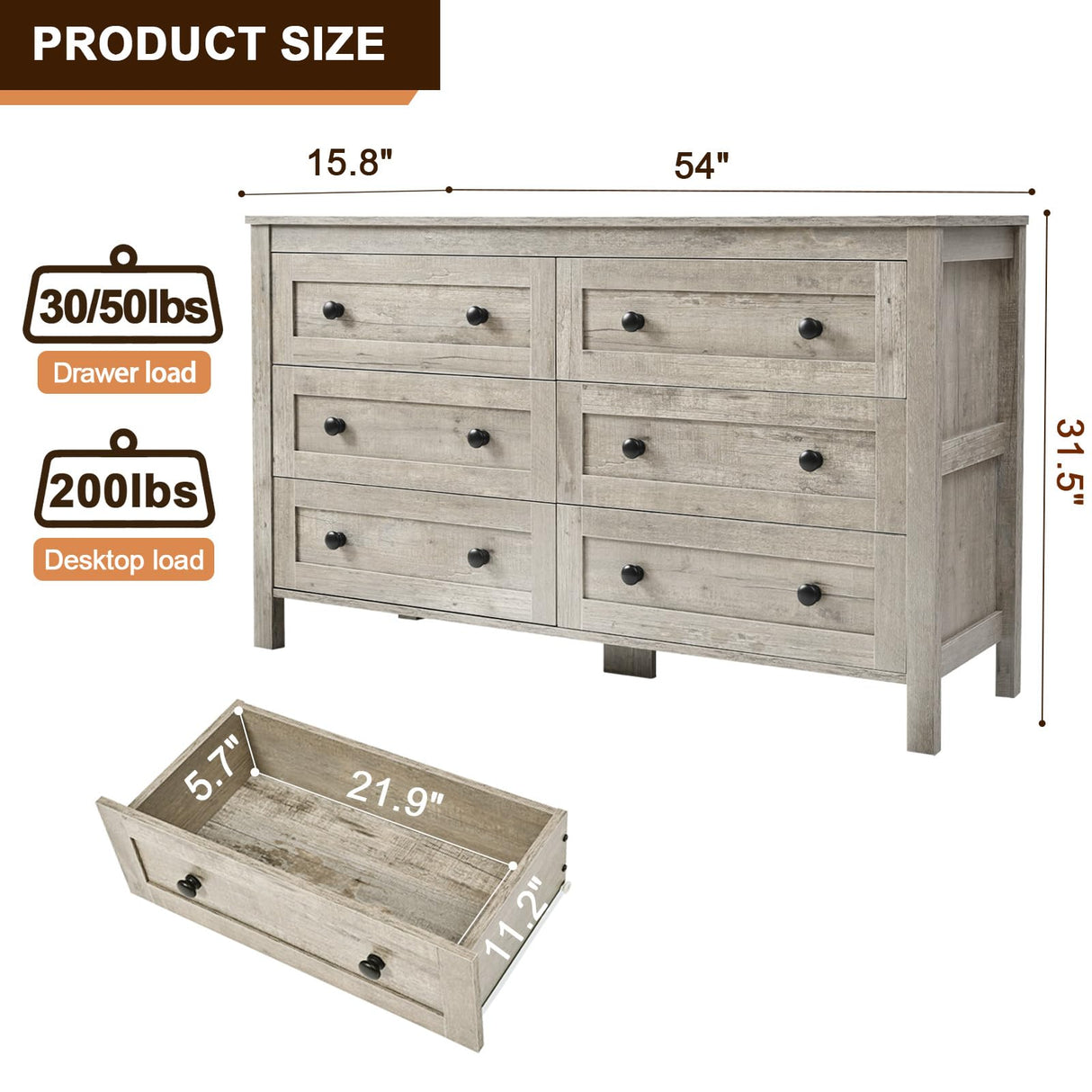 HALLYBEE Farmhouse 6 Drawer Dresser for Bedroom, 54" Long Wood Chest of Drawers with Round Metal Handle, Storage Dresser Organizer, TV Stand Dresser for Bedroom, Living Room, Hallway, Light Rustic Oak HALLYBEE