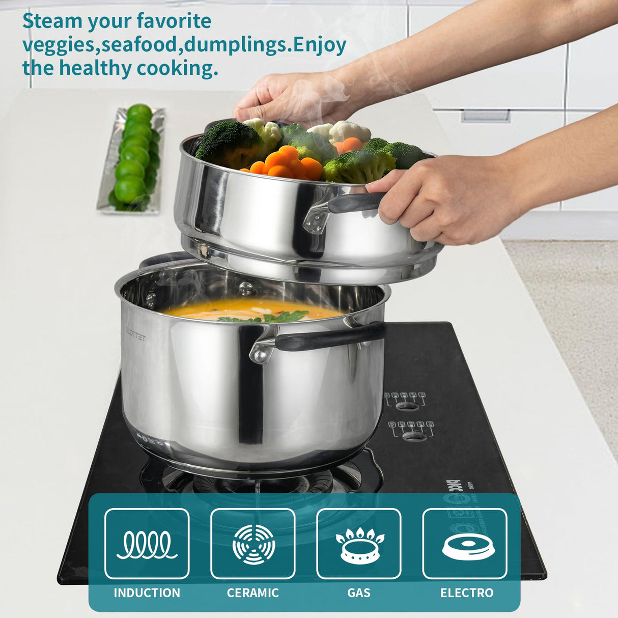 SLOTTET 6 Quart Stainless Steel Stock Pot with Steamer,6 Qt Multipurpose Stockpot with Stay-cool silicone Handle and Glass Lid,Soup Pot for Cooking SLOTTET