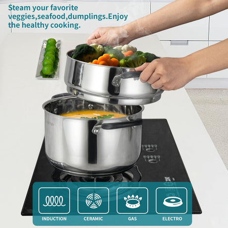 SLOTTET 6 Quart Stainless Steel Stock Pot with Steamer,6 Qt Multipurpose Stockpot with Stay-cool silicone Handle and Glass Lid,Soup Pot for Cooking SLOTTET