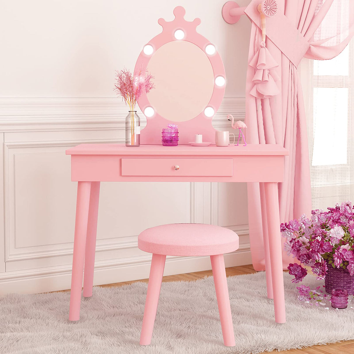 Vabches Kids Makeup Vanity with Lights and Mirror,Little Girl Vanity Table and Chair Set,Cute and Sturdy,Pink Vabches