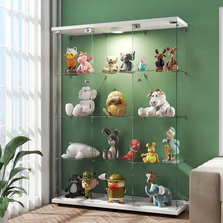HAMBING Glass Display Cabinet with LED Light & Lock, 4 Shelves 3-Column Display Showcase, 2 Side Doors and Open Center Column, Tempered Glass Curio Cabinet for Bedroom, Living Room - White HAMBING