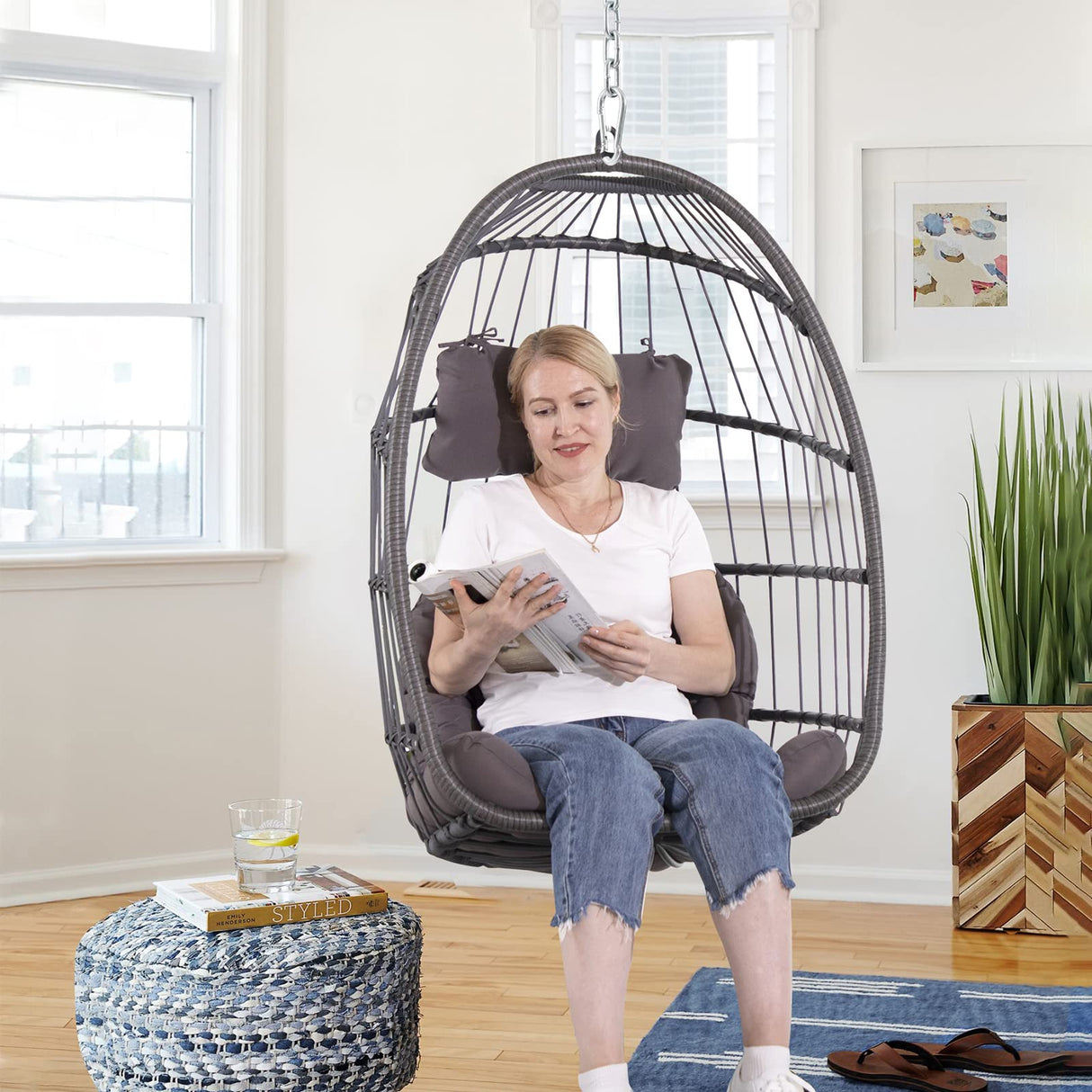 Patiorama Indoor Outdoor Egg Swing Chair Without Stand, Patio Wicker Rattan Hanging Chair w/Cushion, 350lbs Capacity, All Weather Foldable Hammock Chair Basket Chairs for Bedroom, Porch (Dark Grey) Patiorama