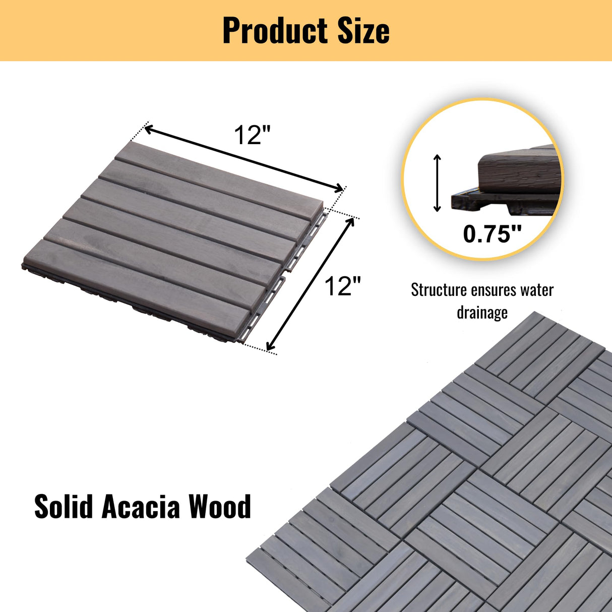 10 PCS Light Gray Acacia Wood Interlocking Deck Tiles, 12" x 12" Outdoor Striped Pattern Flooring for Patio, Balcony, Porch, Garden, Poolside Sailret