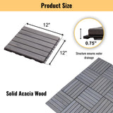 10 PCS Light Gray Acacia Wood Interlocking Deck Tiles, 12" x 12" Outdoor Striped Pattern Flooring for Patio, Balcony, Porch, Garden, Poolside Sailret