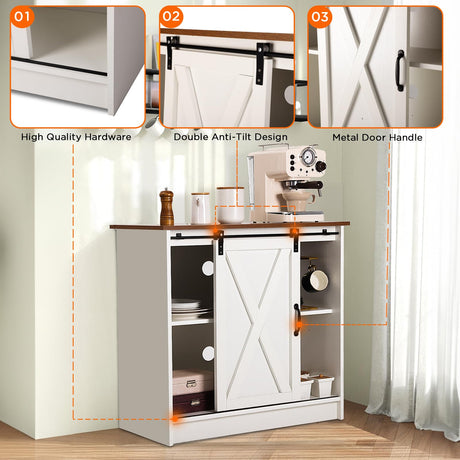 COSYSUPER Farmhouse Style Coffee Bar Cabinet with Sliding Barn Door and Adjustable Shelves in White COSYSUPER