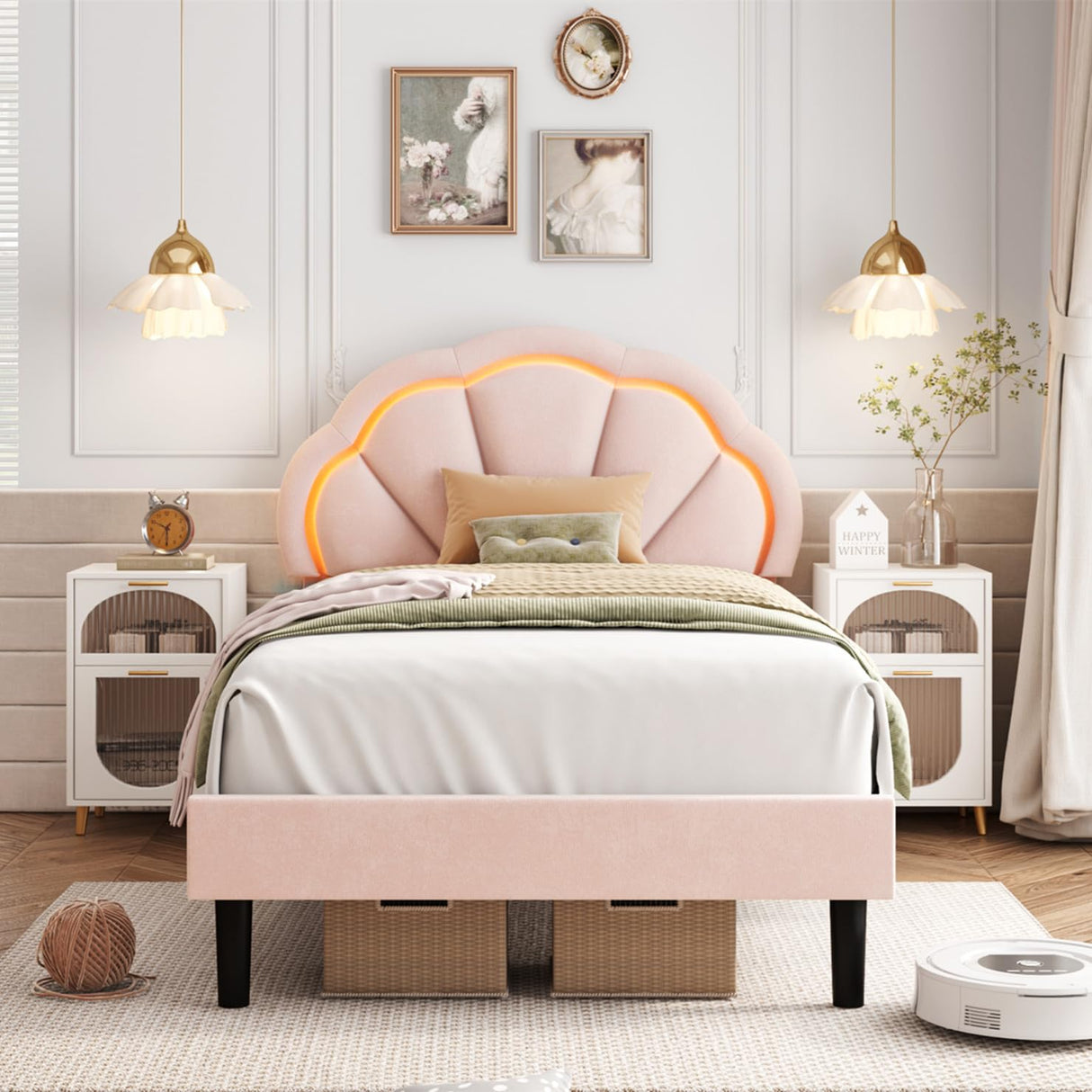 HIFIT Twin Upholstered Smart LED Bed Frame with Adjustable Chic Petal Headboard, Princess Twin Size Platform Bed Frames for Kids/Girls, Wooden Slats Support, No Box Spring Needed, Easy Assembly, Pink HIFIT